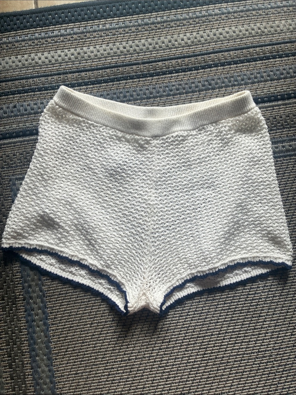 J Crew Cotton Crochet Knit White Navy Blue Beach Shorts